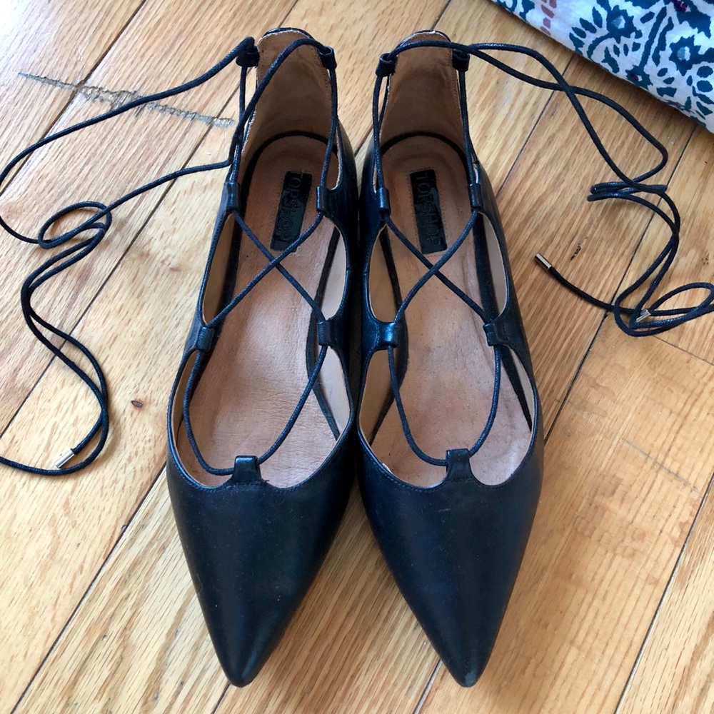 Topshop Pointed Black Leather Lace Up Flats